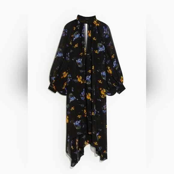 long chiffon dress h&m H&M Pink Green Floral Print Midi Maxi Long Sleeve Chiffon Dress Size L 16 18 20